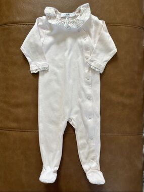 Baby Dior Pale Pink Footed One-Piece Romper with Patterned Collar